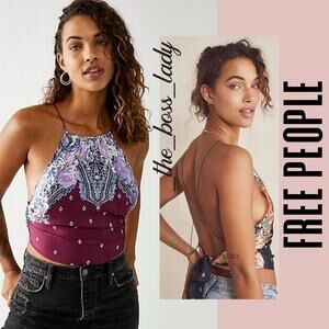 Free People crop top halter cami floral open back chain strappy Large